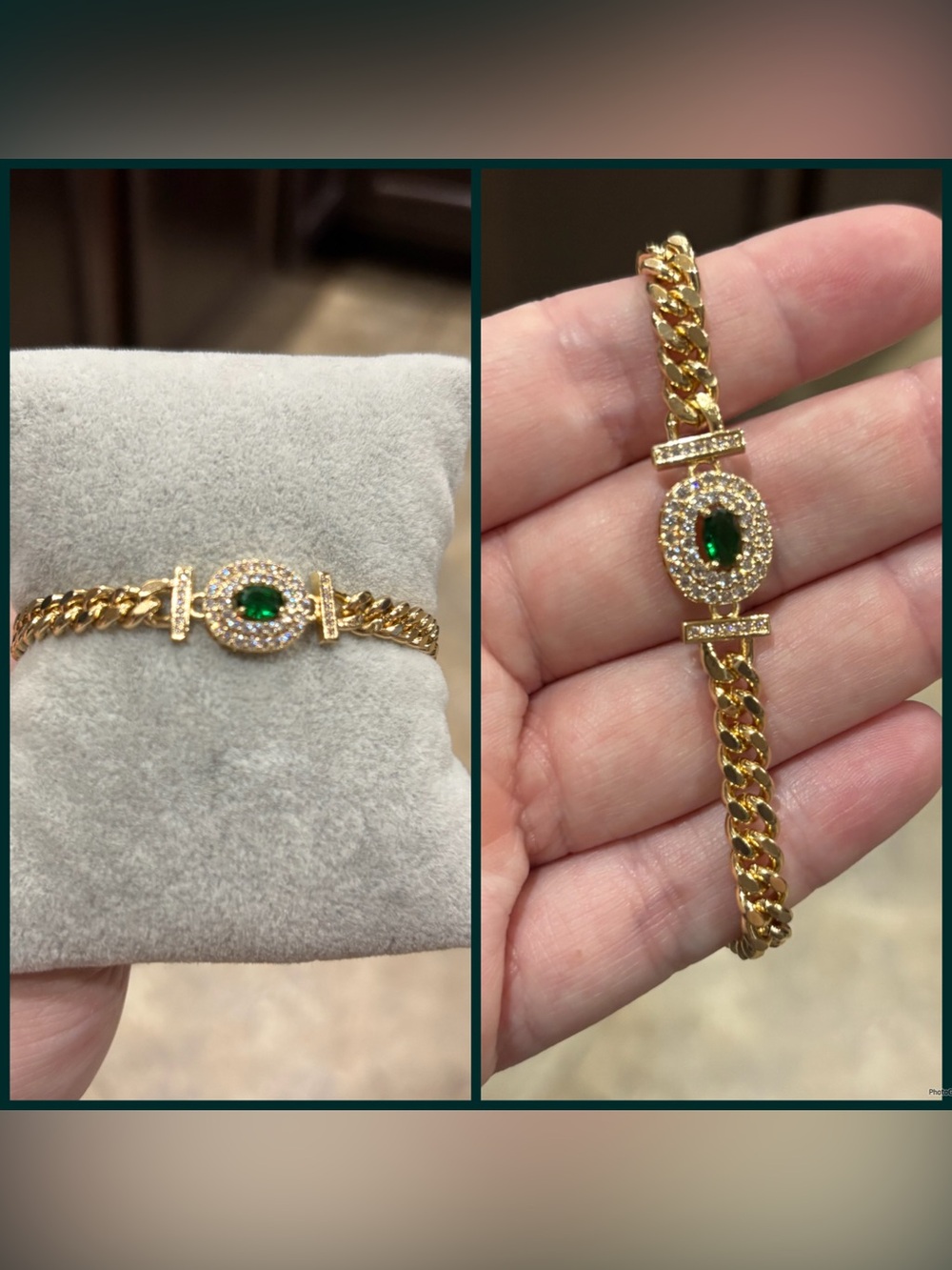 Gold-Tone Bracelet with Green Center Stone and Pavé Accents